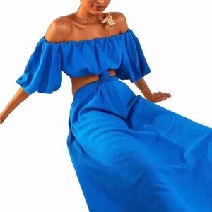 Farm Rio dress Blue‎ Midi Knot Open Off-the-Shoulder  Linen Blend Blue Wo…